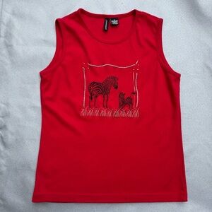 Jason Maxwell Women's Red Tank Top Embroidered Zebras Cotton Polyester Medium